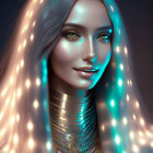 Digital portrait of woman with turquoise skin, green eyes, silver hair, and gold neck rings under twink