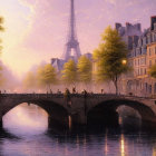 Romantic evening scene in Paris with Eiffel Tower and Seine River bridge.