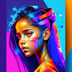 Colorful digital portrait of girl with blue hair on geometric background