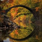 Autumn scene: Vibrant arched bridge over calm river with sunset reflections