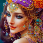 Ornate purple and gold headdress portrait of serene woman