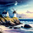 Coastal Night Scene: Lighthouse, Windmill, Waves, Moon