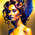 Woman with vibrant makeup and blue-winged accessory against surreal golden backdrop