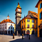 Historic clock tower and colorful buildings in a European town square