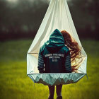 Stylish woman with cat in transparent bag in field by house