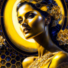 Golden Jewelry-Adorned Woman in Honeycomb Pattern with Radiant Halo