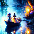 Mystical fairies in boat amid blue forest with glowing flowers