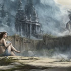 Mysterious woman at ancient structure in misty forest landscape