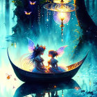 Glowing winged fairies in boat amidst magical forest with lanterns