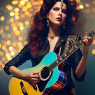 Long-haired woman playing acoustic guitar with colorful background