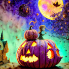 Whimsical Halloween-themed girl on pumpkin with bats & spooky house