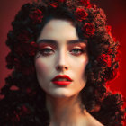 Portrait of woman with dark curly hair and red roses on warm red backdrop