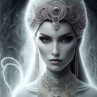 Ethereal woman with pale skin and silver headpiece in fantasy illustration