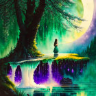 Girl standing on illuminated waterfall in fantasy forest with moon and glowing trees.