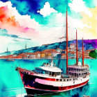 Colorful watercolor illustration of a moored ship with red and white hues against a cityscape and