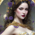 Portrait of woman with elegant makeup in ornate golden mirror with purple roses and jewelry