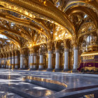 Ornate golden train station with vintage maroon train and polished floor