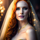 Red-haired woman in golden dress and headpiece gazes softly off-camera.