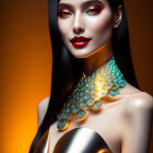 Woman with black hair, red eye makeup, golden bodice, and turquoise necklace on amber background