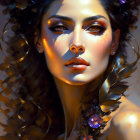 Portrait of woman with curly hair, makeup, and flowers in warm, painterly style