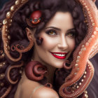 Digital artwork: Smiling woman with tentacles, pearls, green eyes, red lipstick