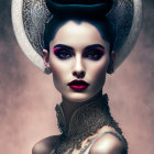 Elaborate updo and ornate accessories on woman with striking makeup