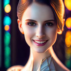 Smiling woman with gleaming necklace and soft makeup in colorful bokeh lights