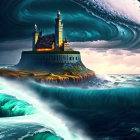 Majestic castle on cliff with swirling sky and massive waves