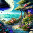 Fantasy coastal scene at night: thatched huts, glowing moon, vibrant sea, colorful flowers