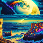 Surreal artwork: Giant moon over medieval castle & crashing waves