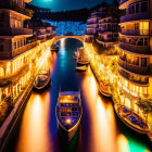 Nighttime Canal Scene with Illuminated Buildings and Boats