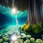 Sunlight filtering through tree roots in a serene pond with lily pads