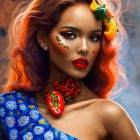 Colorful Hair Woman with Pepper-themed Makeup on Smoky Background