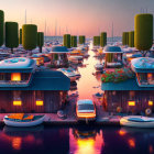 Sunset marina scene with modern houses, boats, and colorful sky reflections