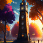 Ornate clock tower in autumn park with figure and street lamps