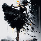 Vibrant dancer in black dress with black and yellow paint splashes