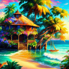 Scenic beach painting with thatched hut, palm trees, boat, and flowers