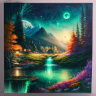 Colorful Trees, Glowing Moons, and Serene River in Fantasy Landscape