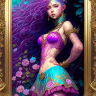 Fantastical female figure with purple hair and ornate jewelry in digital artwork