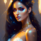 Portrait of a woman with glowing skin, dark hair, intricate makeup, and golden accessories