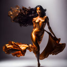 Radiant woman in gold dress surrounded by bubbles on soft-lit background