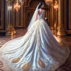 Bride in ornate gold-detailed gown in lavish chandeliered room