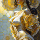 Golden Honeycomb-Themed Fantasy Attire Woman in Translucent Sleeves