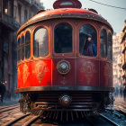 Vintage red tram in city street at dusk with woman looking out