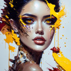 Vivid abstract digital portrait with dramatic makeup and colorful paint splashes