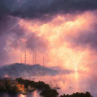 Coastal City Scene: Stormy Sky, Lightning Bolt, Dark Clouds