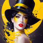 Stylized portrait of a woman with red lips and black hat in dynamic yellow and black floral accents