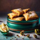 Stacked pastries with powdered sugar and sesame seeds on blue plate with pistachios and sweets.