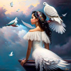 Woman with Bird Features in White Dress Surrounded by Flying Doves