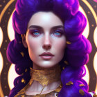 Vibrant purple hair woman with blue eyes and golden accessories on circular background